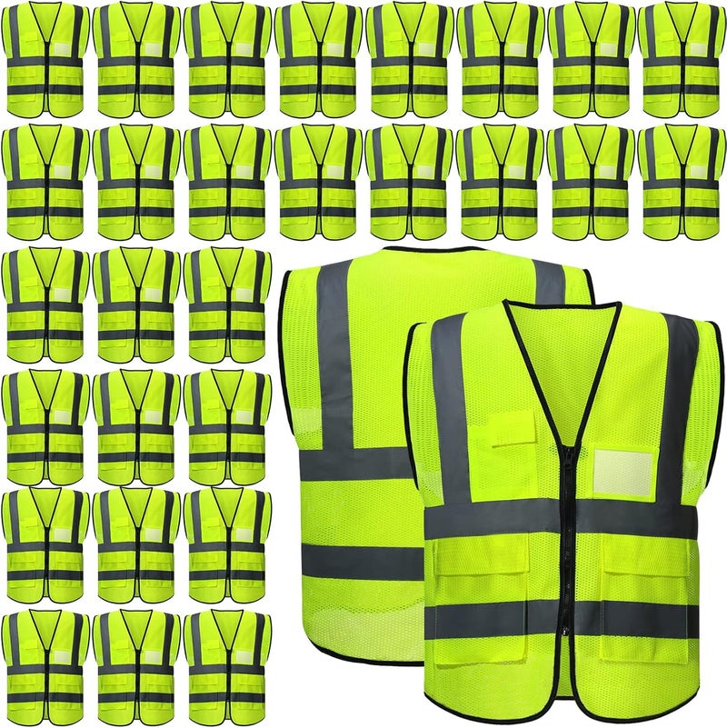 JaGely 30 Pack Reflective Safety Vests with Pockets, High Visibility Mesh Construction Vest for Men Women, Neon Yellow, Size L - Image 1